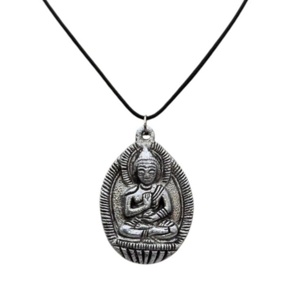 Silver Tone Buddha Pendant Necklace Black Cord Zen Spiritual Jewelry